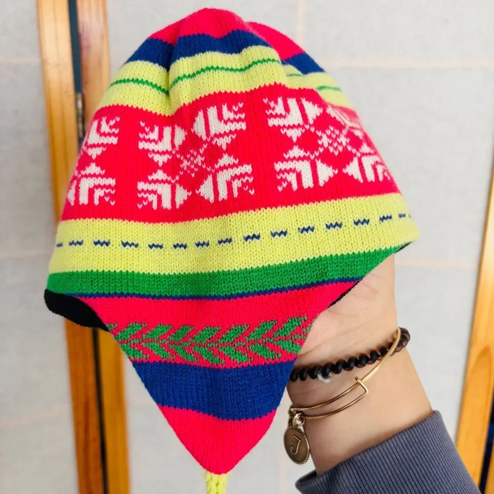 Columbia Winter Youth Knit Hat Fleece Lined Tassels Ear‎ Flaps Fair Isle Nordic